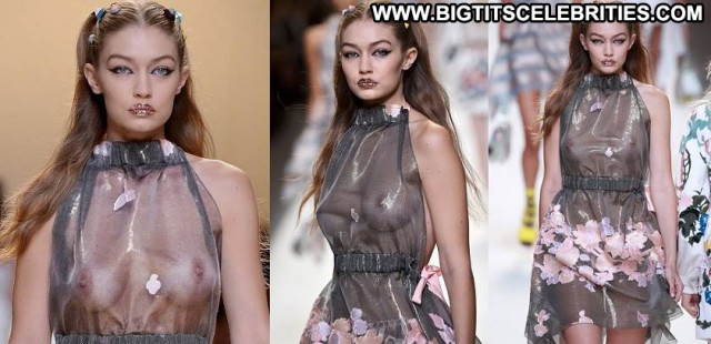 Gigi Hadid Fashion Show Fashion See Through Posing Hot Babe Braless