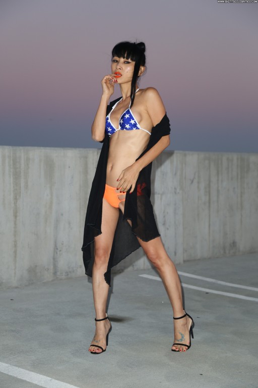 Bai Ling Celebrity Sexy Parking Chinese American Bikini Babe Posing Hot Orange Straight Beautiful