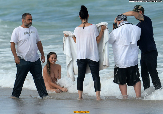 Chrissy Teigen Miami Beach Photoshoot Toples Beach Celebrity Posing