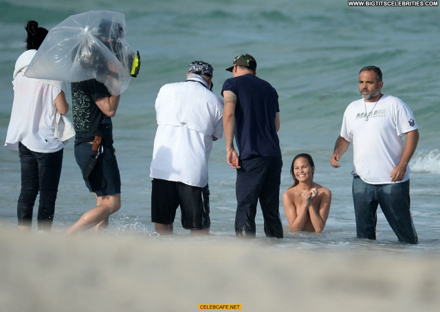 Chrissy Teigen Miami Beach Toples Celebrity Topless Photoshoot Posing